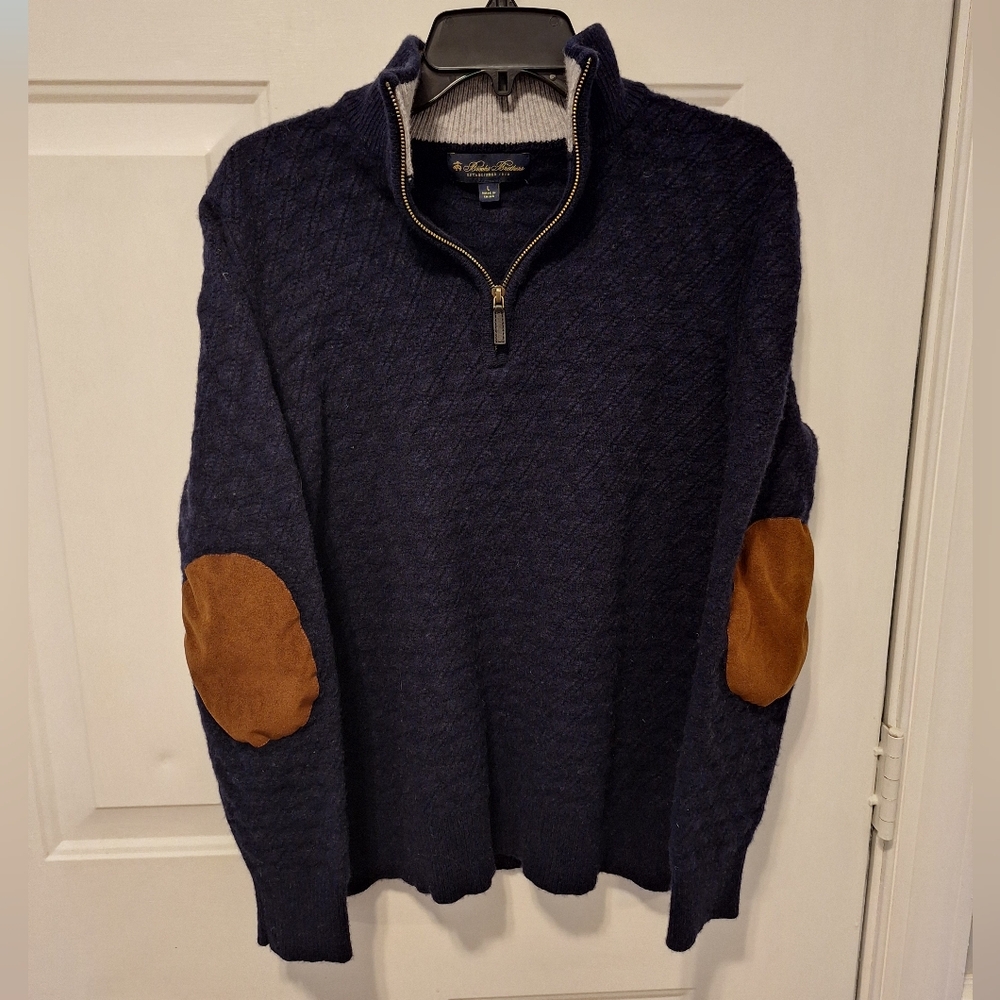 Brooks Brothers 1/4 Zip Sweater LARGE Wool Cashmere Blend Elbow Patches quilted